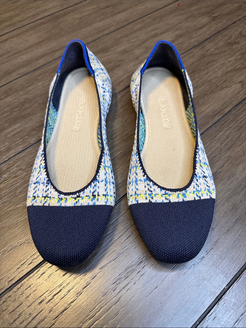 Rothy's Navy and Multicolor Knit Tweed Rounded Square Toe Flat size 9